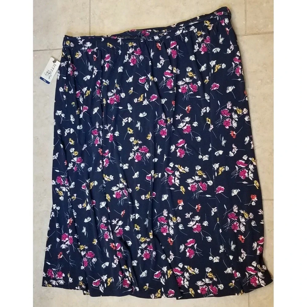 New‎ Terra Sky Women Button Front Maxi Skirt Floral Print Blue Plus 2X (20W-22W)